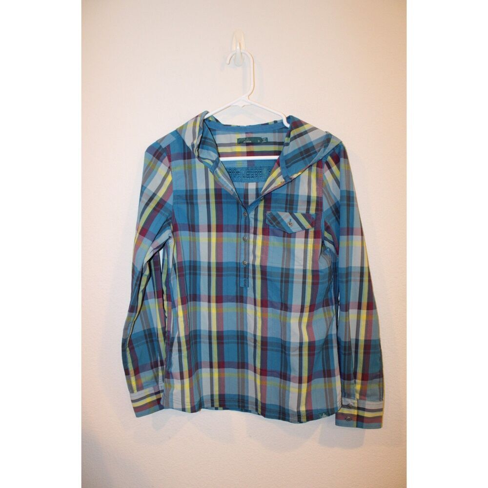 prAna Women's Anja long-sleeve hooded plaid top size small blue green